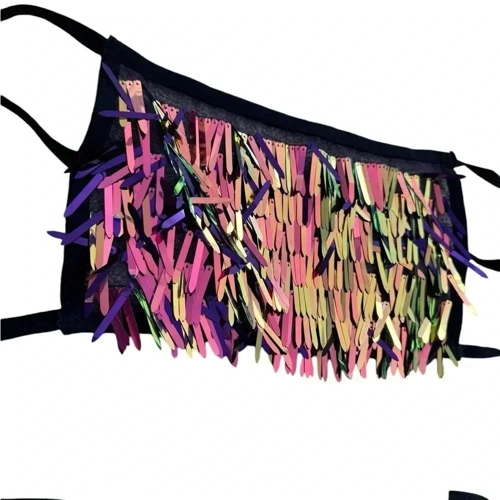 Purple Iridescent Sword Sequins Crop Top Dangling on Purple Mesh Fabric